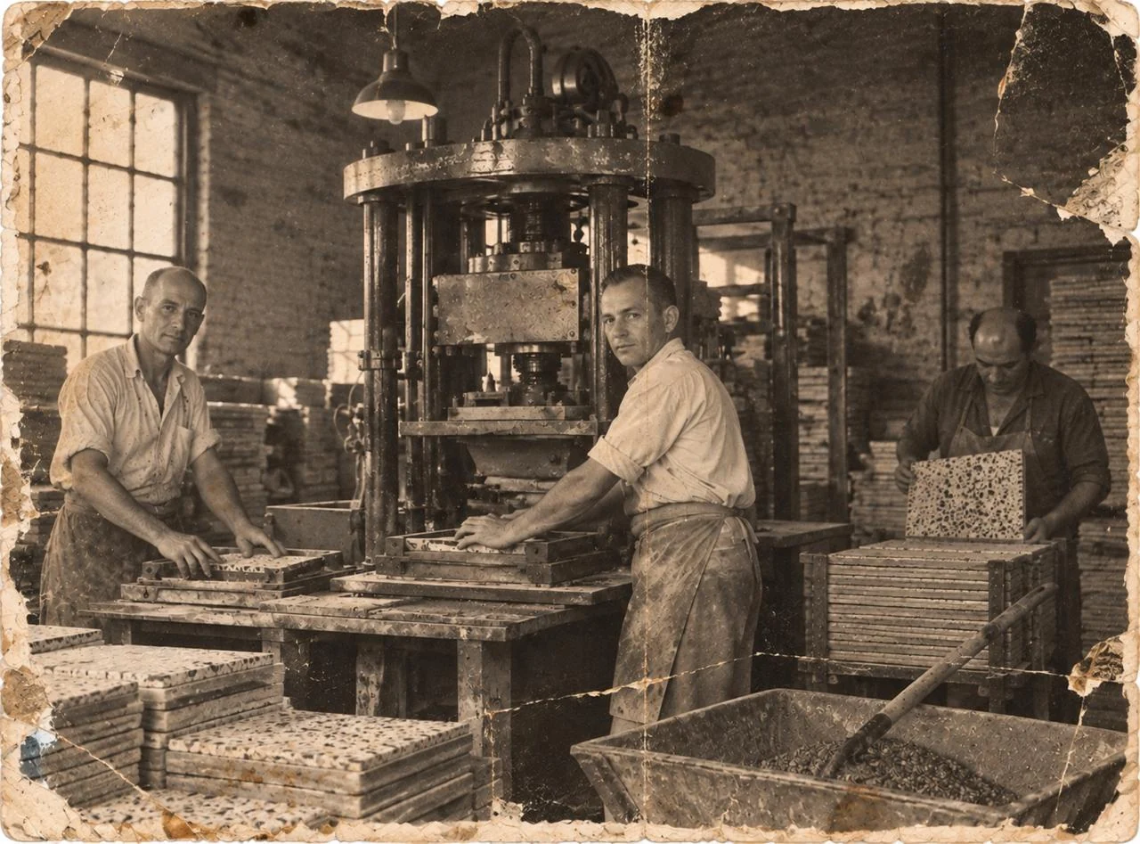 Fotografía histórica de tres personas produciendo mosaicos