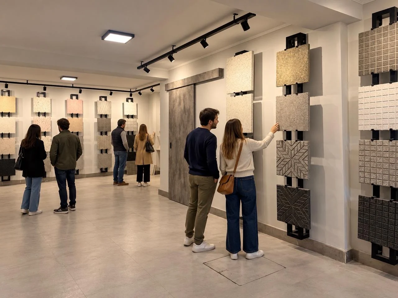 Personas recorriendo las muestras del showroom de Mosaicos MC