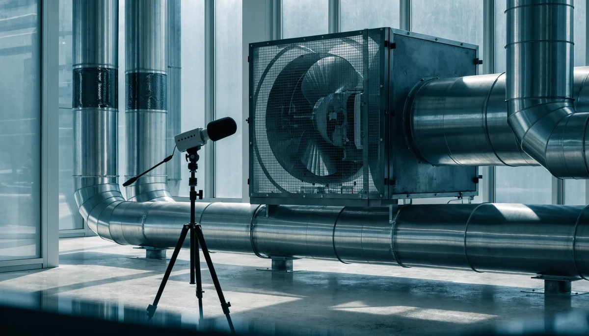 Micrófono de medición frente a un sistema de ventilación industrial