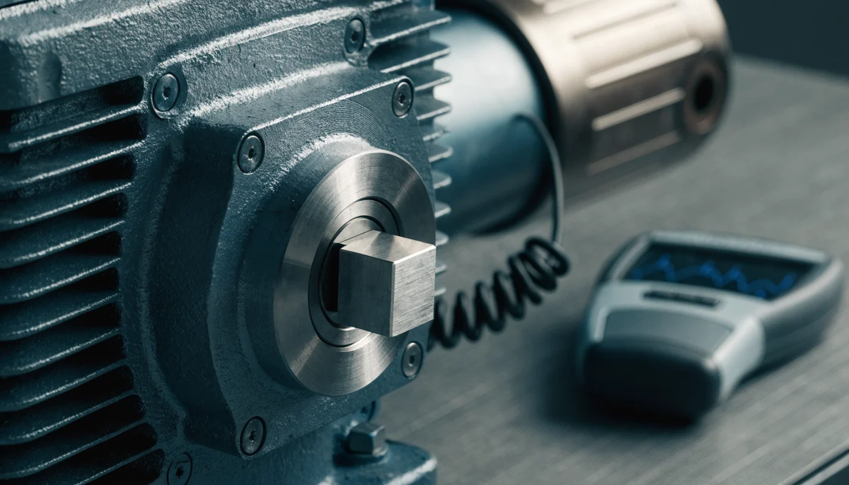 Detalle conceptual de un sensor y un equipo de análisis junto a un motor industrial