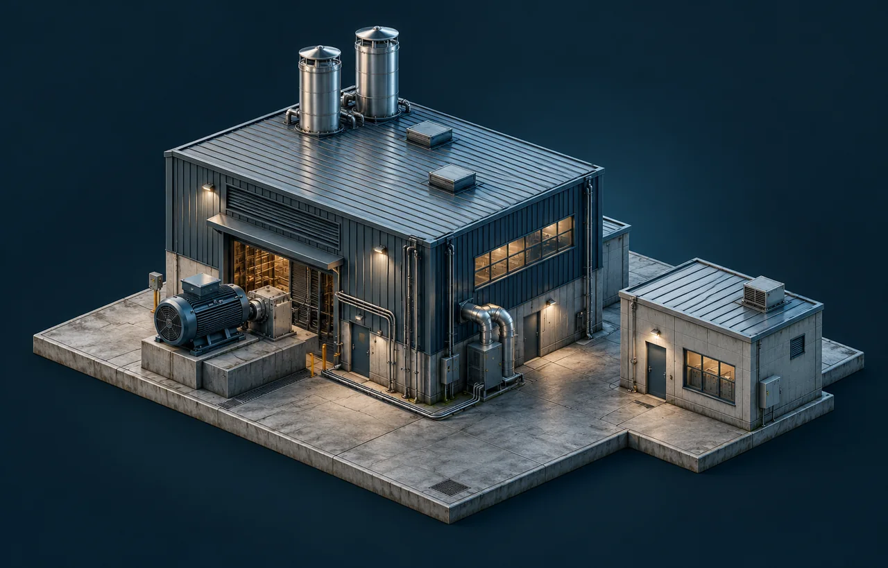 Representación conceptual realista de una planta industrial: motor sobre base de hormigón, nave de chapa con conductos y edificio receptor