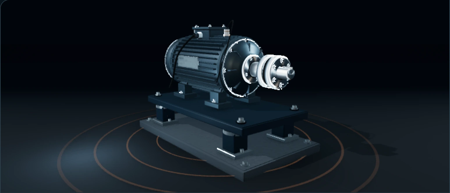 Vista del modelo 3D de un motor sobre sus apoyos y estructura