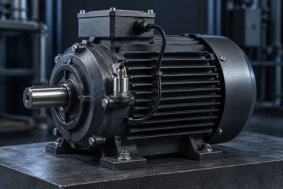 Sensor de vibración instalado sobre el alojamiento de un motor industrial