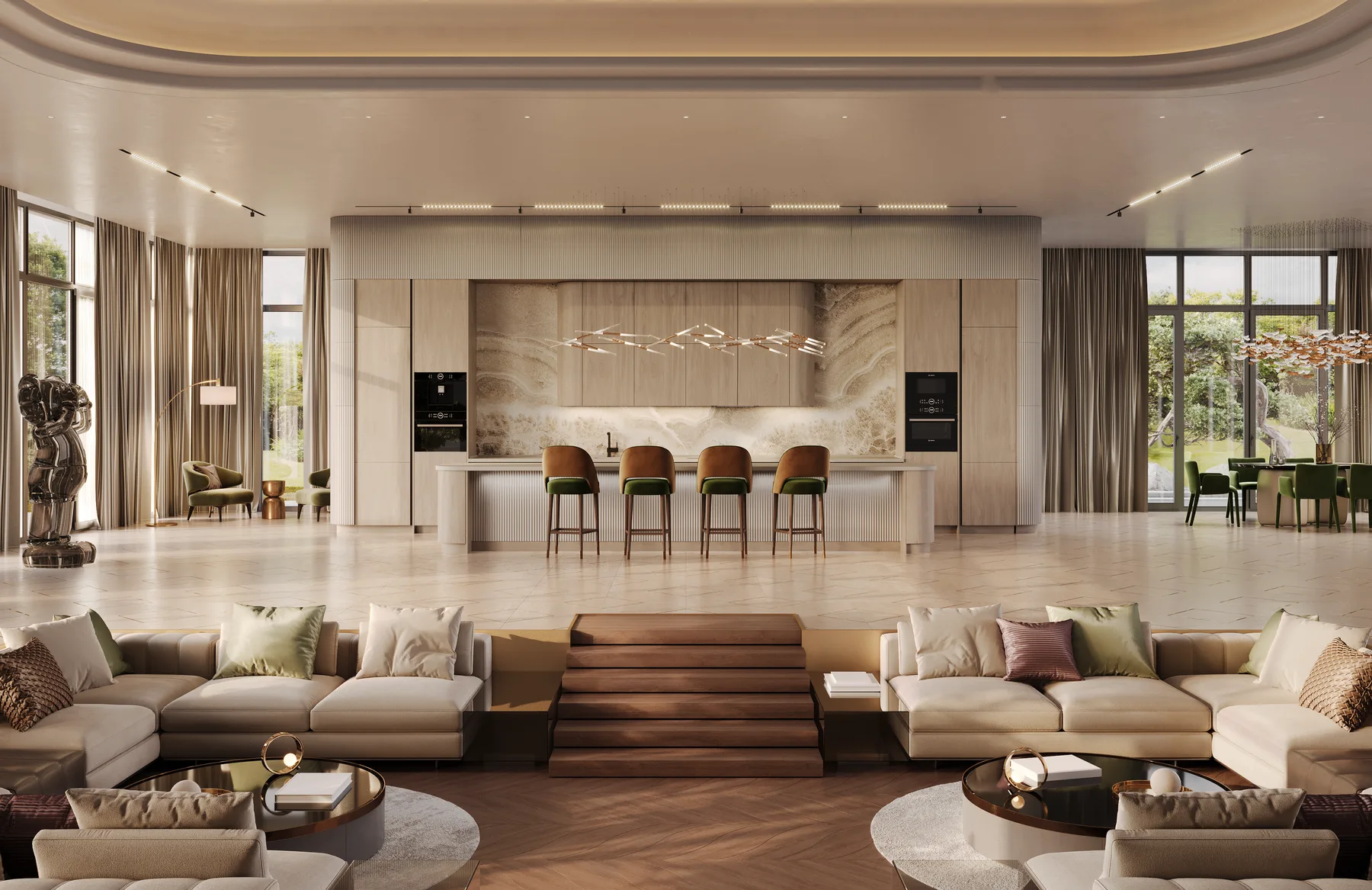A refined living space with sculptural seating and a warm material palette.