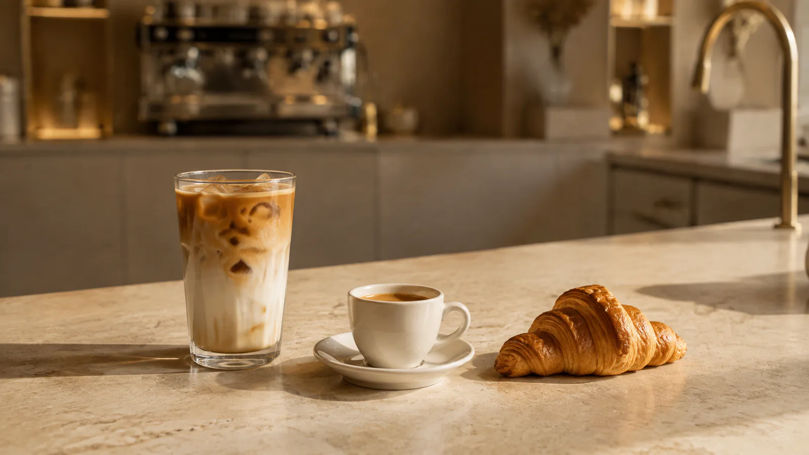 Iced latte, espresso y croissant sobre una barra de piedra